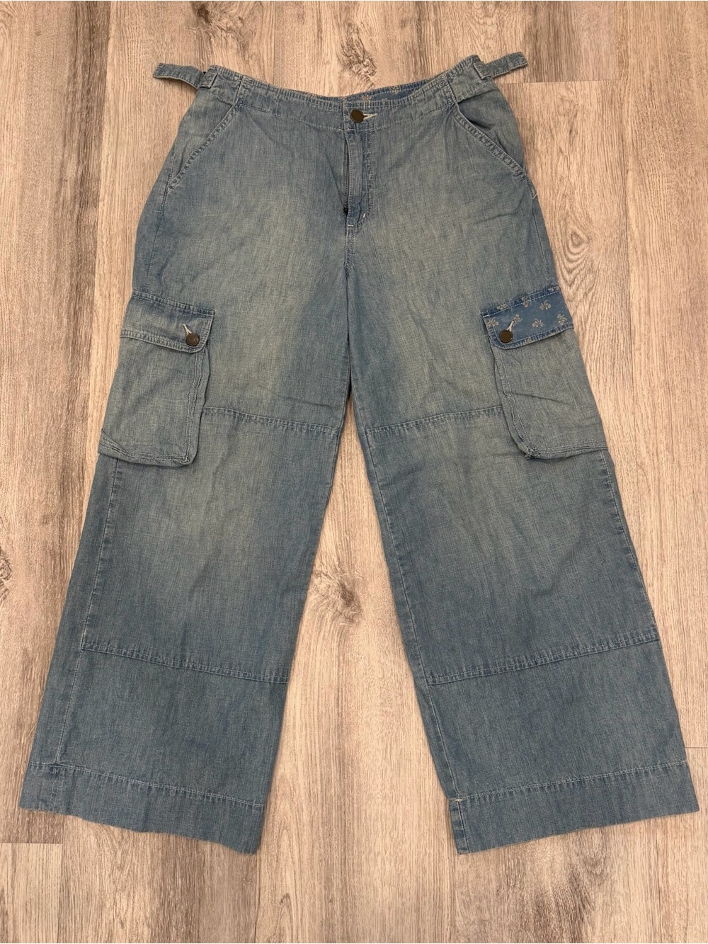 Ralph Lauren 100% Cotton Chambray Wide Leg Cargo Jeans Size 8 High Rise